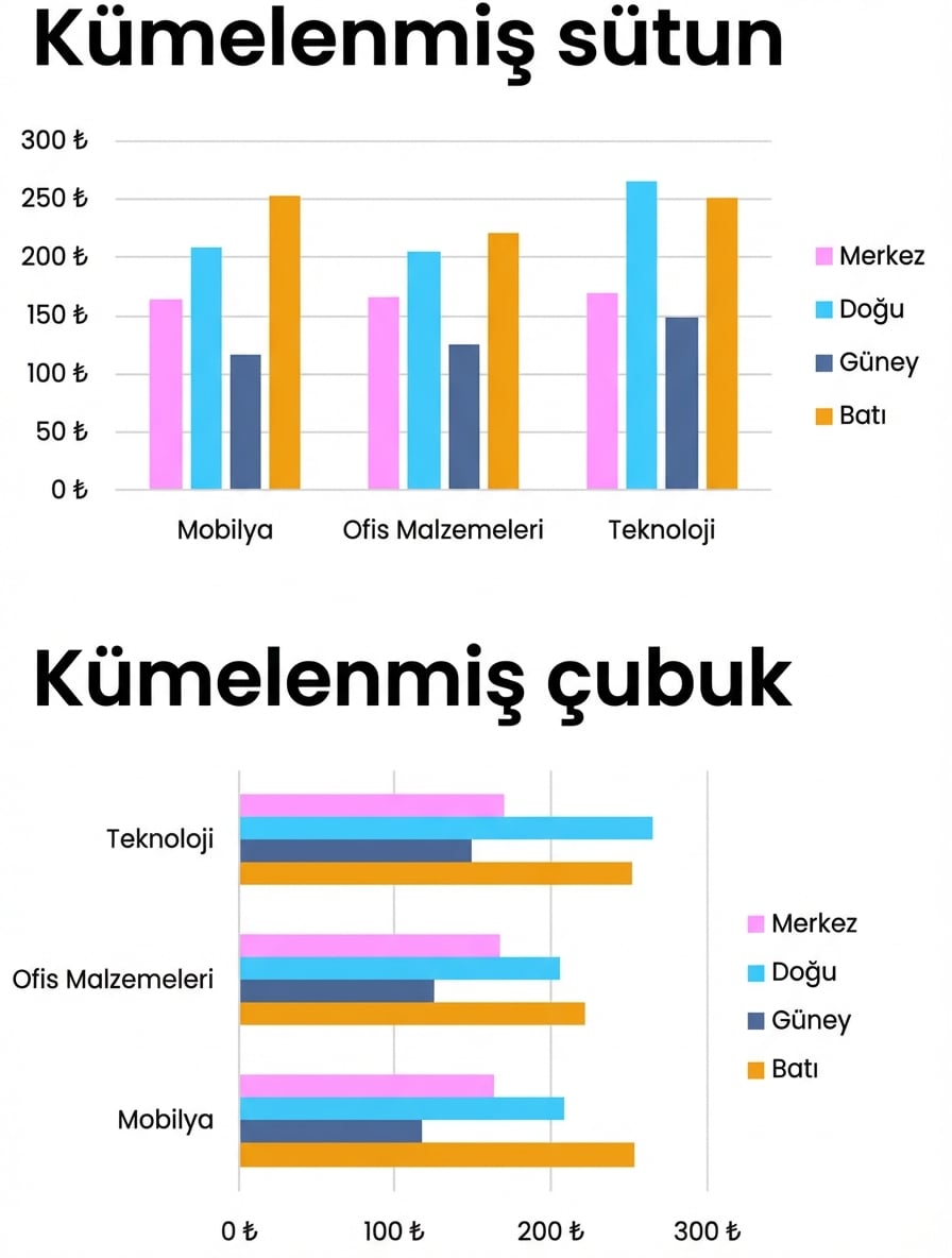 Kümelenmiş çubuk ve sütun grafik örnekleri