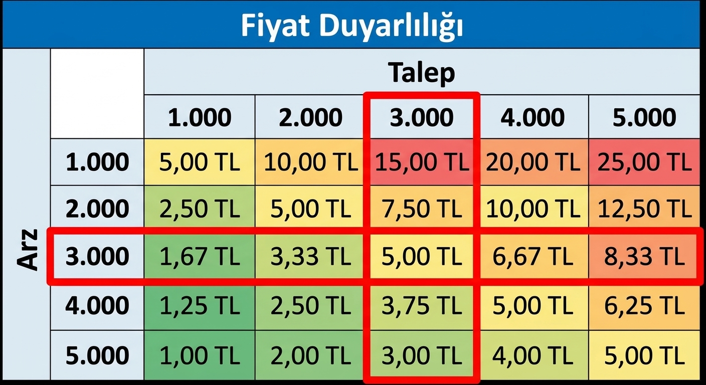 Talebin arzla eşit olduğu duyarlılık tablosu