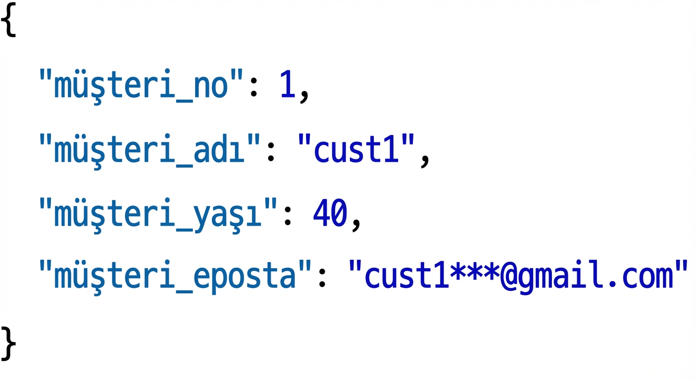 Müşteri kimliği, adı, yaşı ve e-postası olan müşteri JSON kayıtları örneği