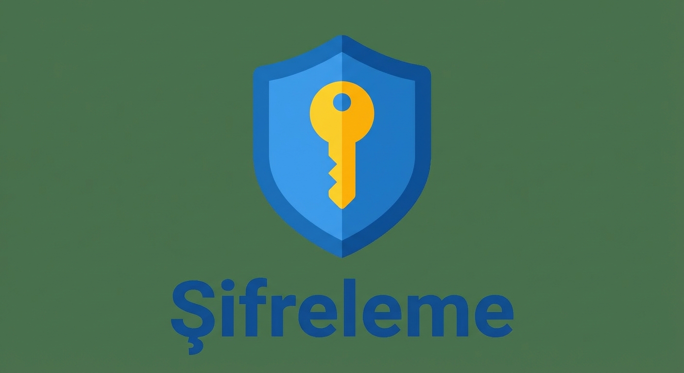 içinde anahtar olan çizgi film kalkan ve altta şifreleme yazısı