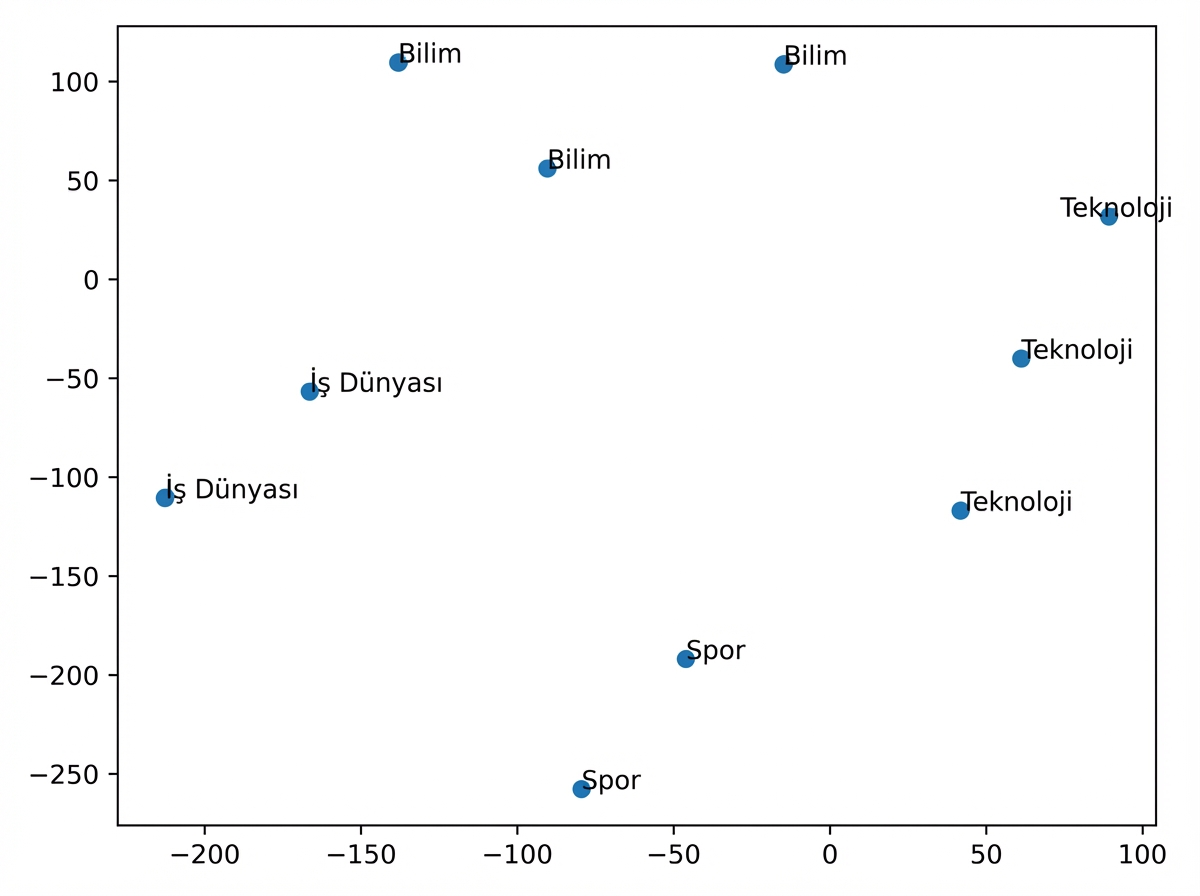 2B vektör uzayında aynı duygu ve konuya sahip yorumların birbirine daha yakın haritalandığını gösteren bir grafik.