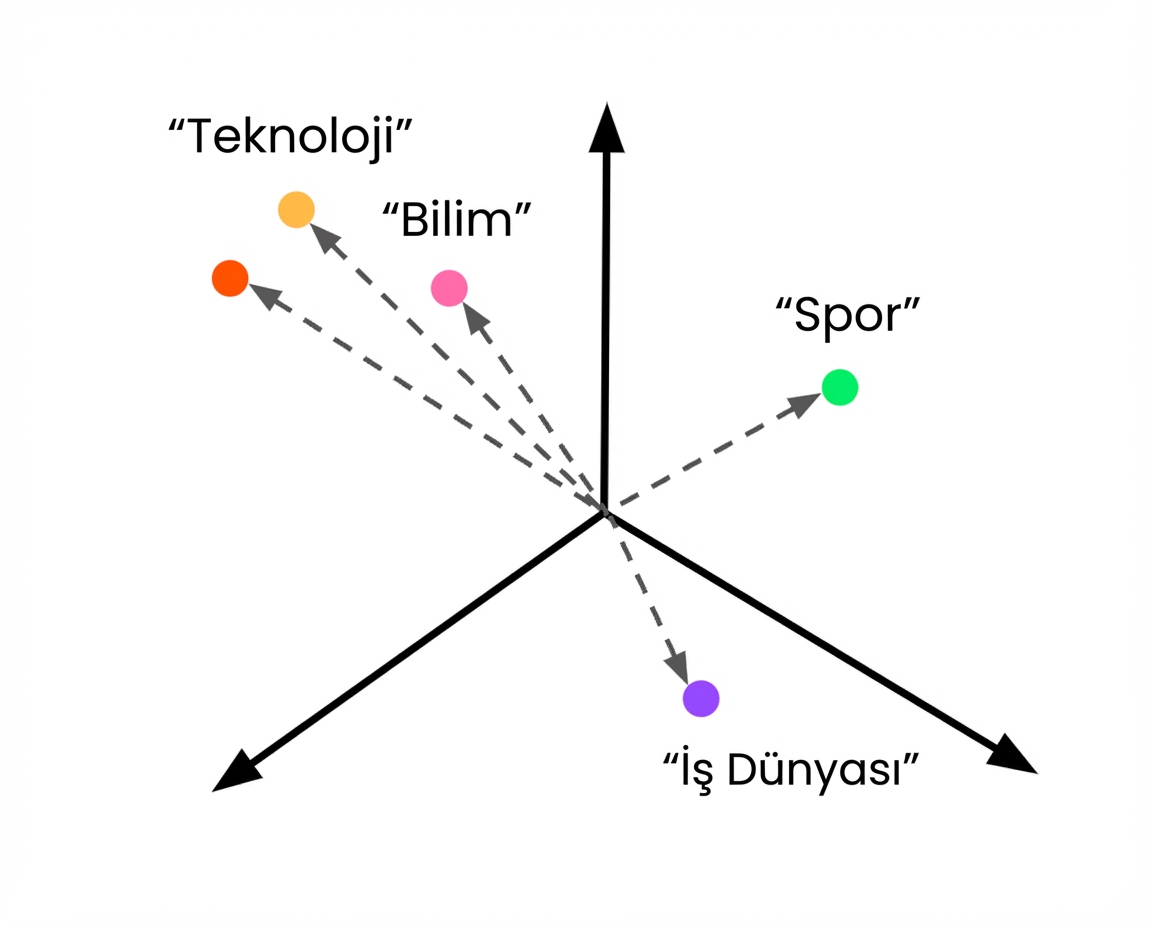Vektör uzayında gömülü sınıf açıklamaları ve gösterilen bilinmeyen bir vektör.