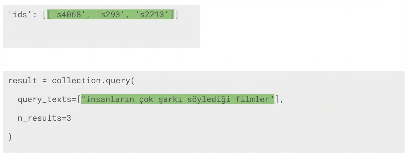 Vurgulanan sorgu metni ve ürettiği üç sorgu sonucunun kimlikleri.