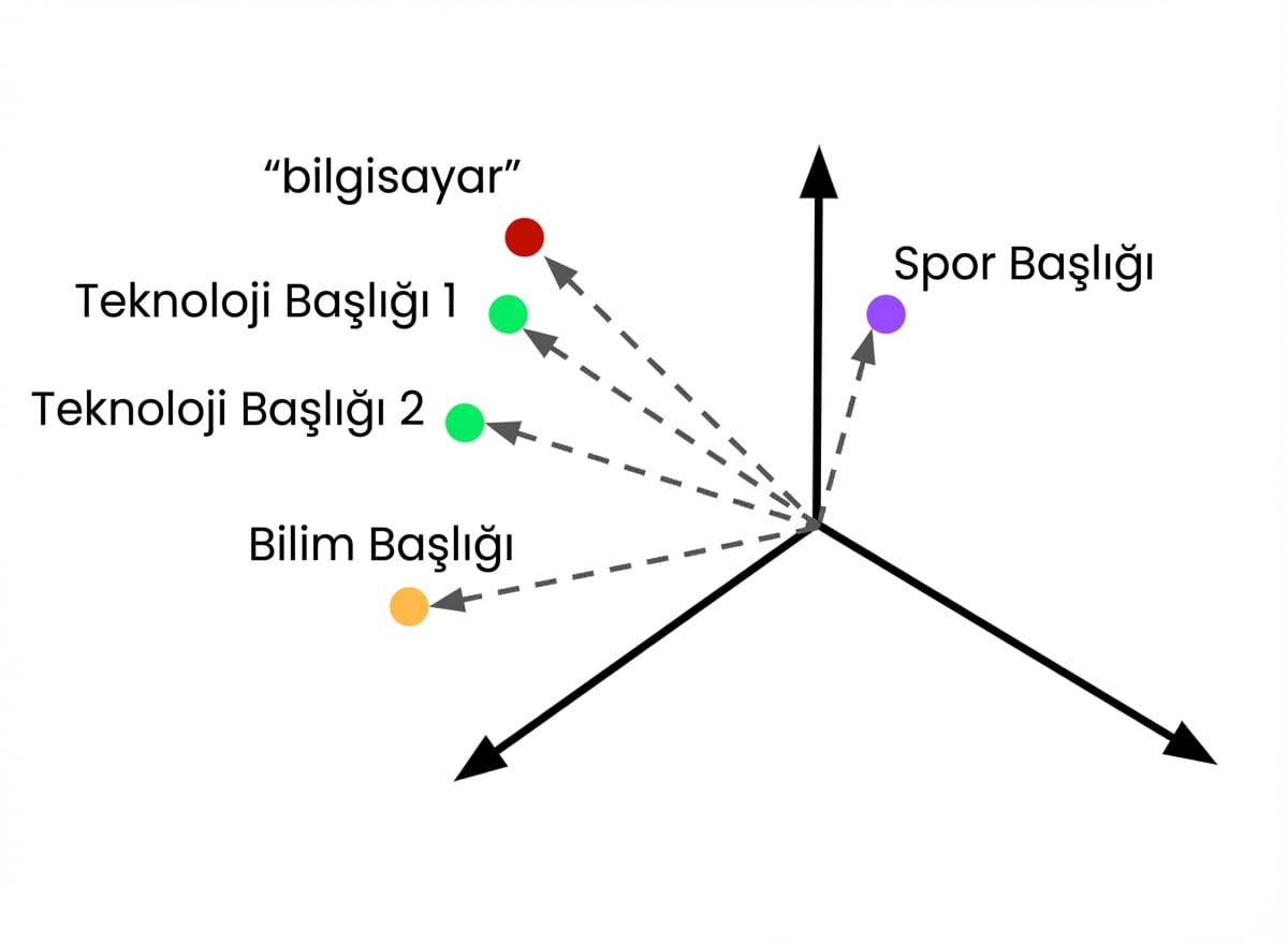 Vektör uzayında gömülmüş bir arama sorgusu ile farklı konulardaki gömülü makaleler.