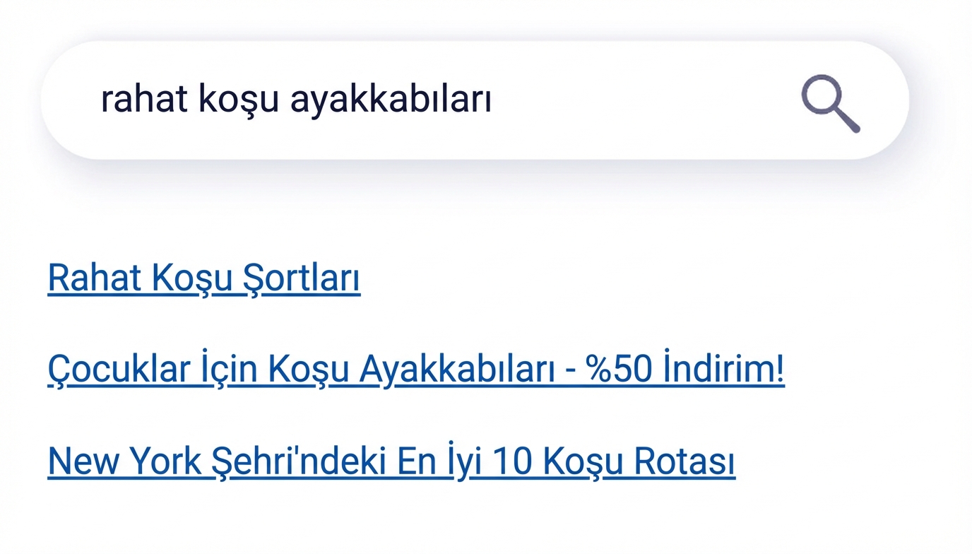 Alakasız sonuçlar gösteren geleneksel bir arama motoru.