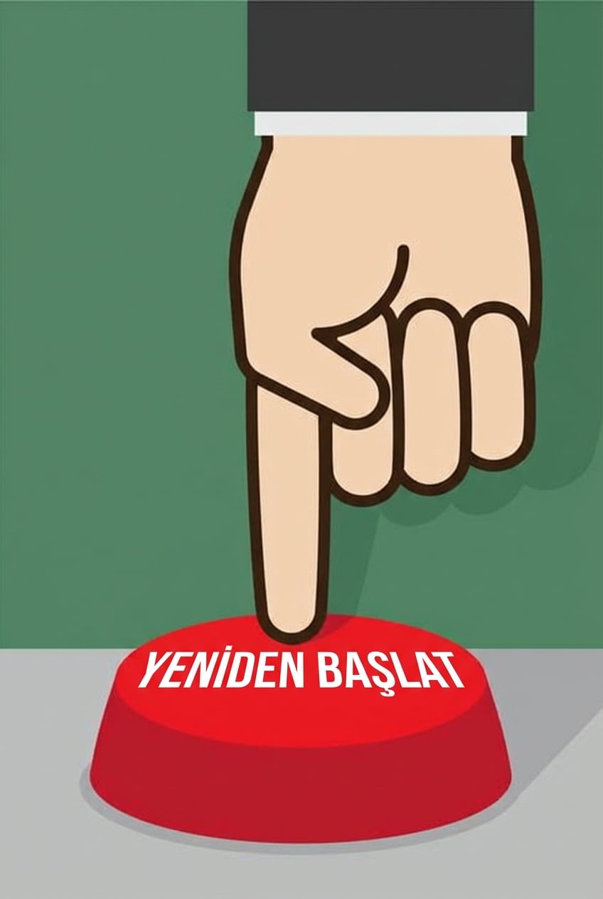 Üzerinde "restart" yazan düğmeye basan bir parmağı gösteren karikatür görseli