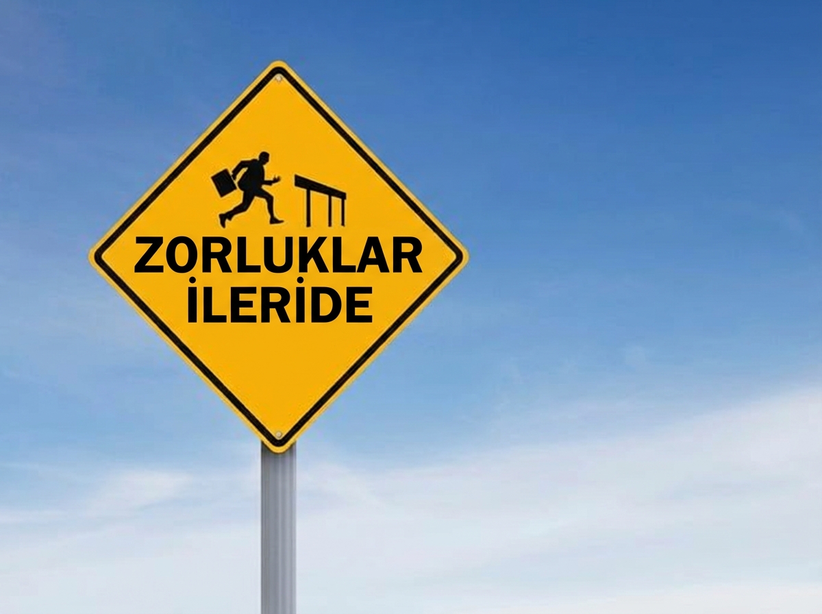 "Önde Zorluklar" yazılı, engel atlayan adam işareti olan yol tabelası