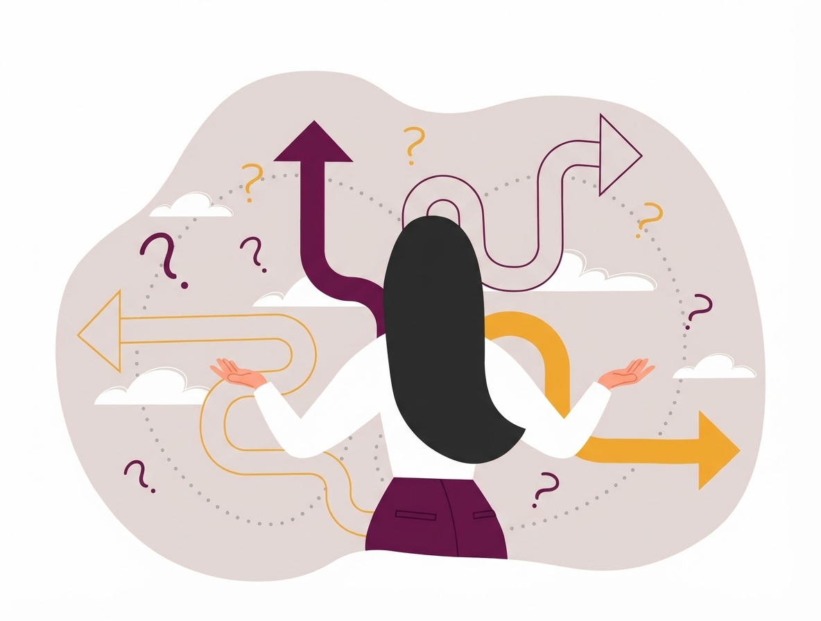 Nasıl ilerleyeceğine karar vermeye çalışan bir kadının karikatürü