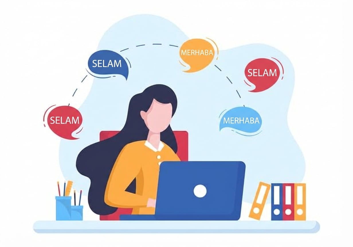 Etrafında çeşitli çeviri balonları olan, dizüstü bilgisayarda bir kadın