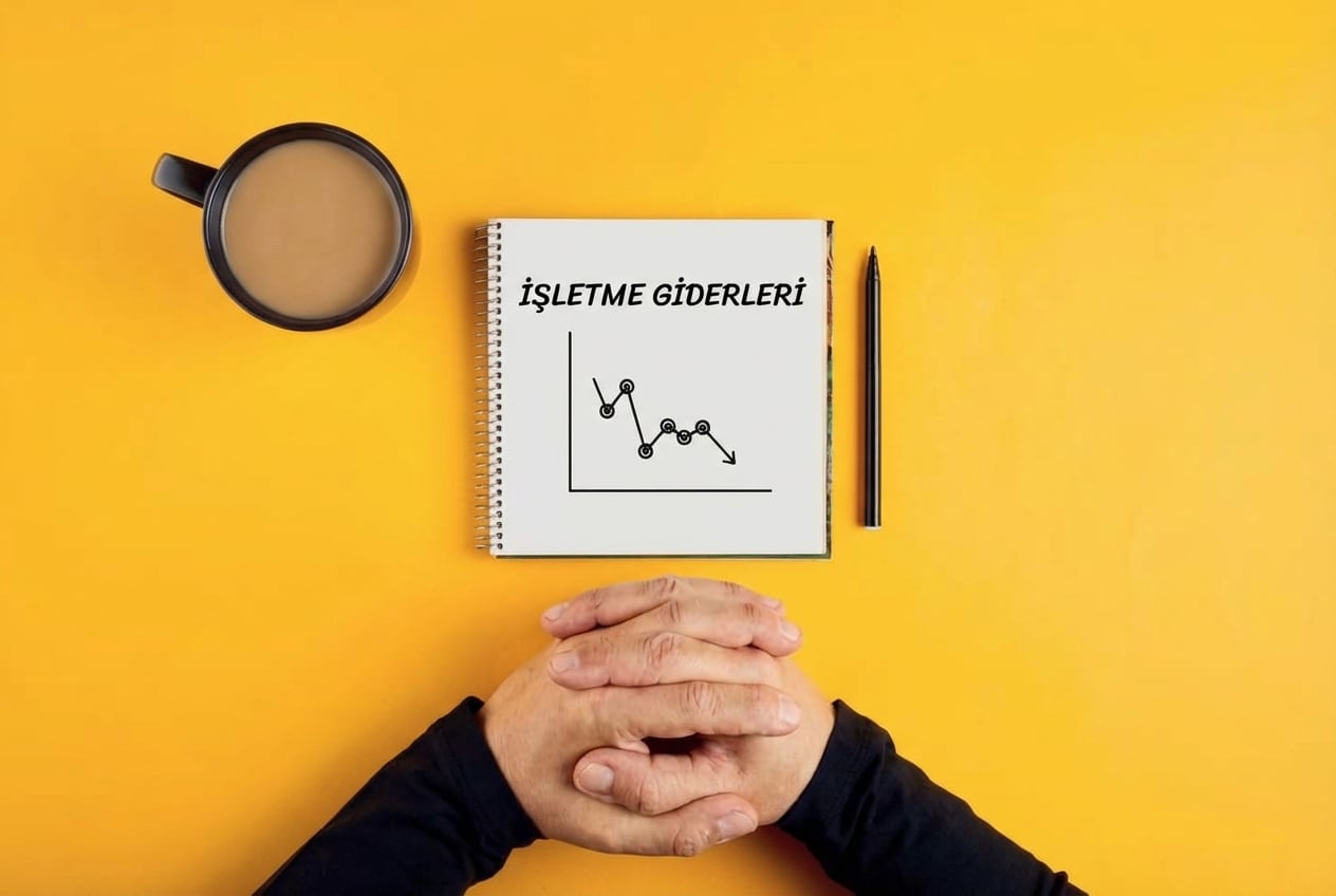 Bir fincan kahve ve bir erkeğin kollarıyla birlikte, işletme giderlerinin azaldığını gösteren bir defter görüntüsü