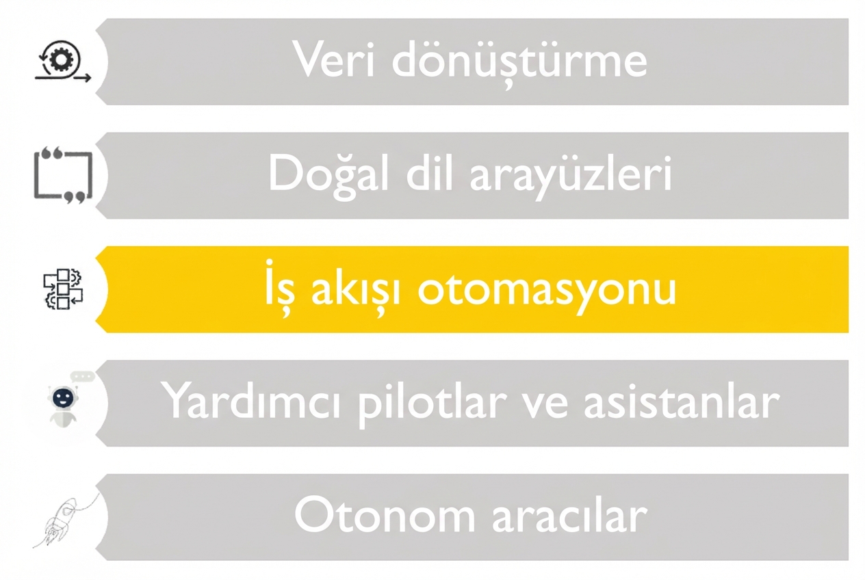 BBA’lar için beş olası kullanım alanını gösteren, yalnızca iş akışı otomasyonu farklı renkle vurgulanmış görsel