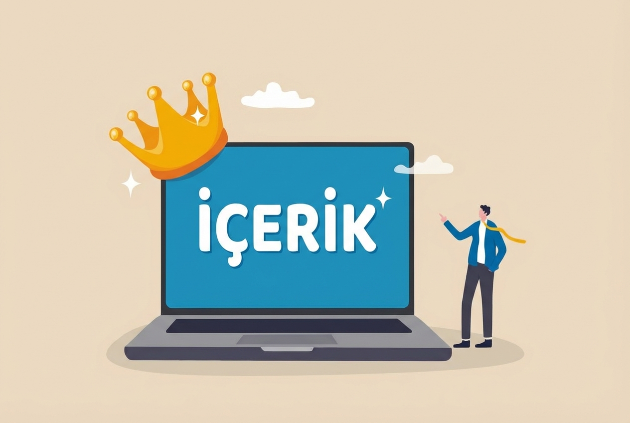 Üstünde "content" yazan ve taç bulunan bir dizüstü bilgisayar görseli