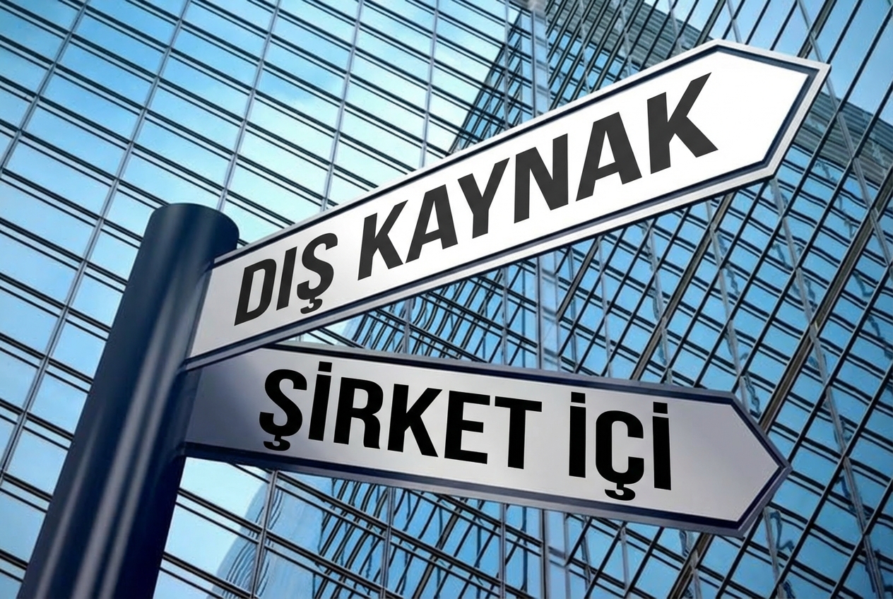 İki yön gösteren tabela: outsource veya inhouse