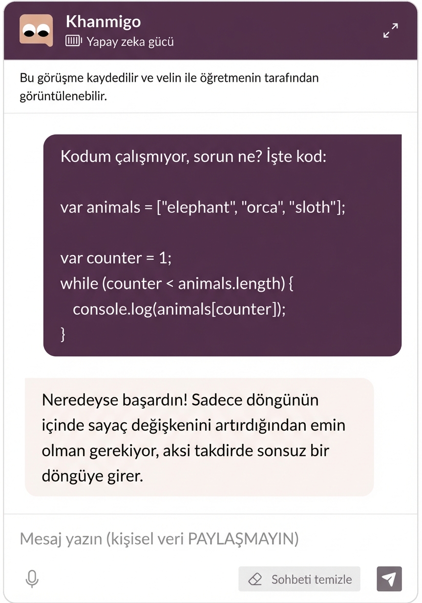Khanmigo yapay zekâ sohbet botu, bir öğrencinin kod sorununu çözüyor