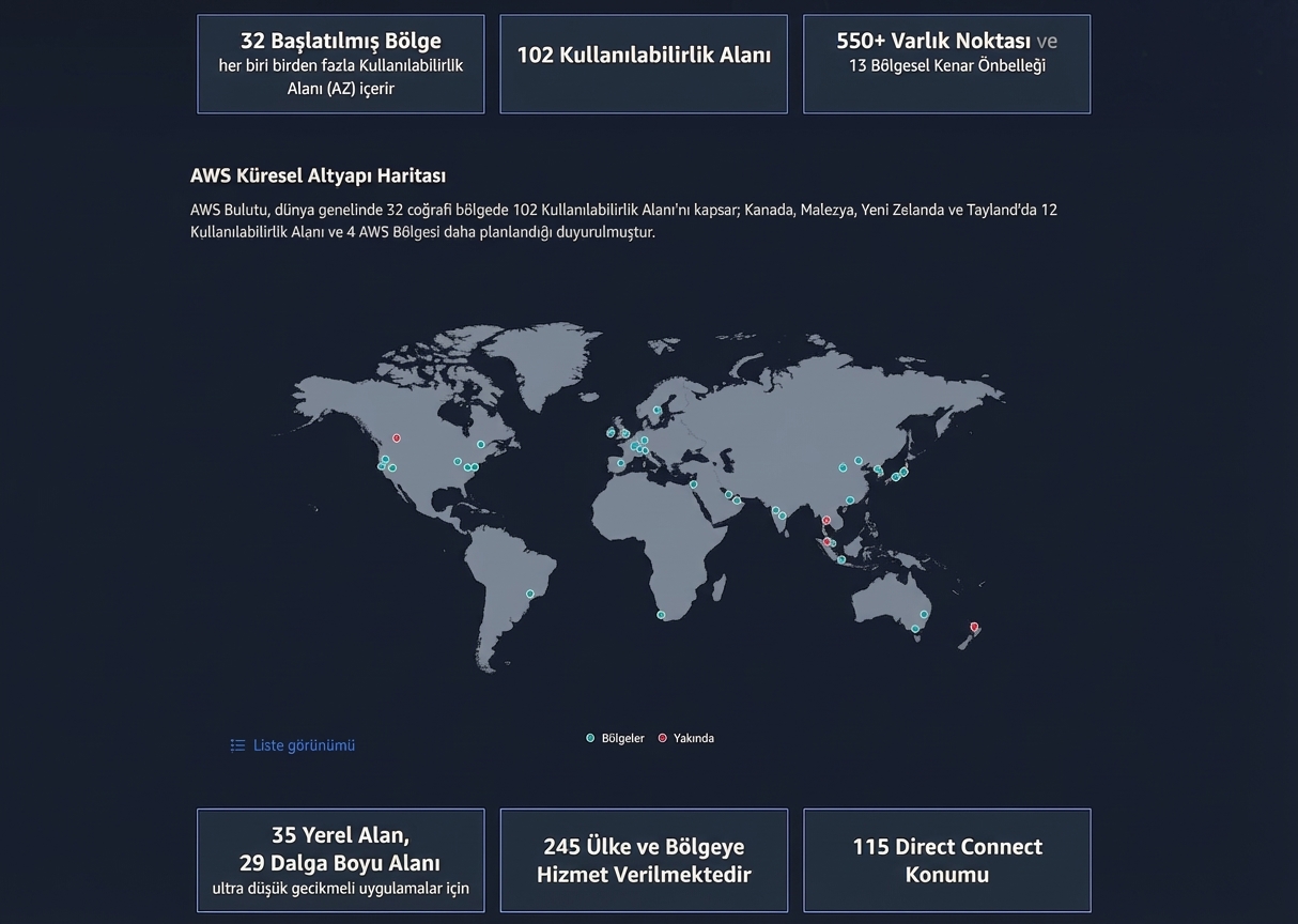 AWS'in coğrafi çeşitliliğini gösteren, üzerindeki düğümlerle bir dünya görseli