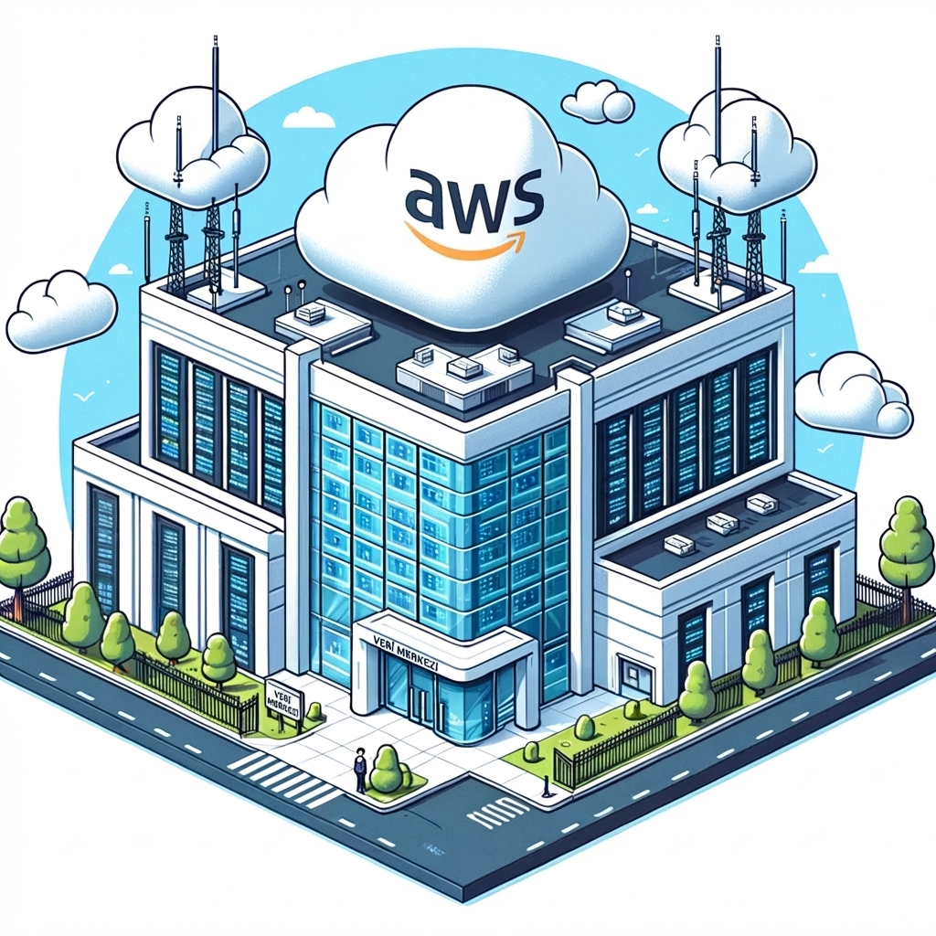 Üzerinde bulutlar olan bir AWS binası görseli