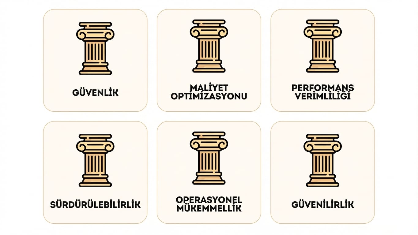 Çerçevenin altı sütunu: Güvenlik, Maliyet Optimizasyonu, Performans Verimliliği, Sürdürülebilirlik, Operasyonel Mükemmellik ve Güvenilirlik