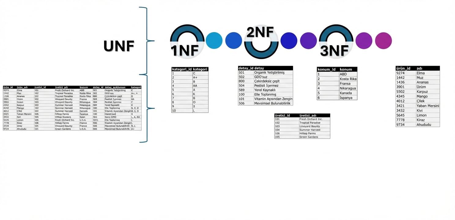 Tüm ürün verileri, UNF'den 3NF'ye