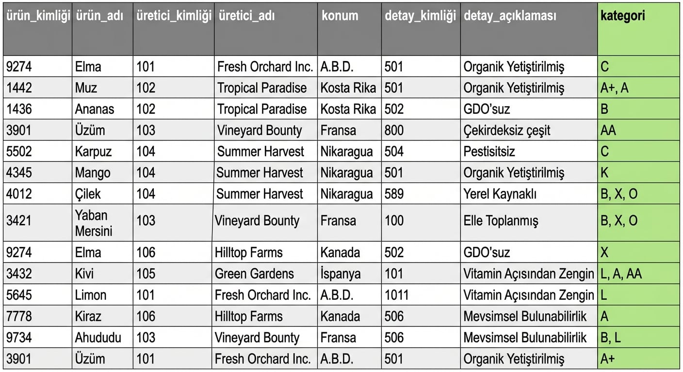 Kategori vurgulu tüm ürünler tablosu
