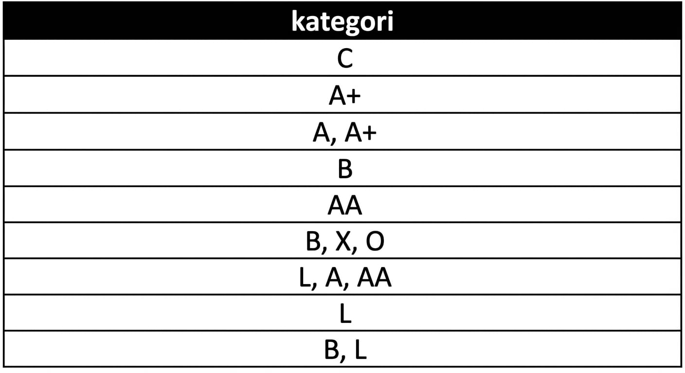 Kategorilerin listesi