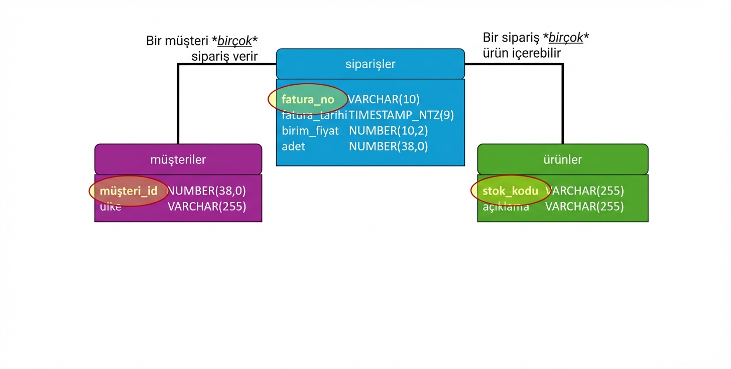 E-ticaret fiziksel veri modeli, tüm tabloların birincil anahtarları