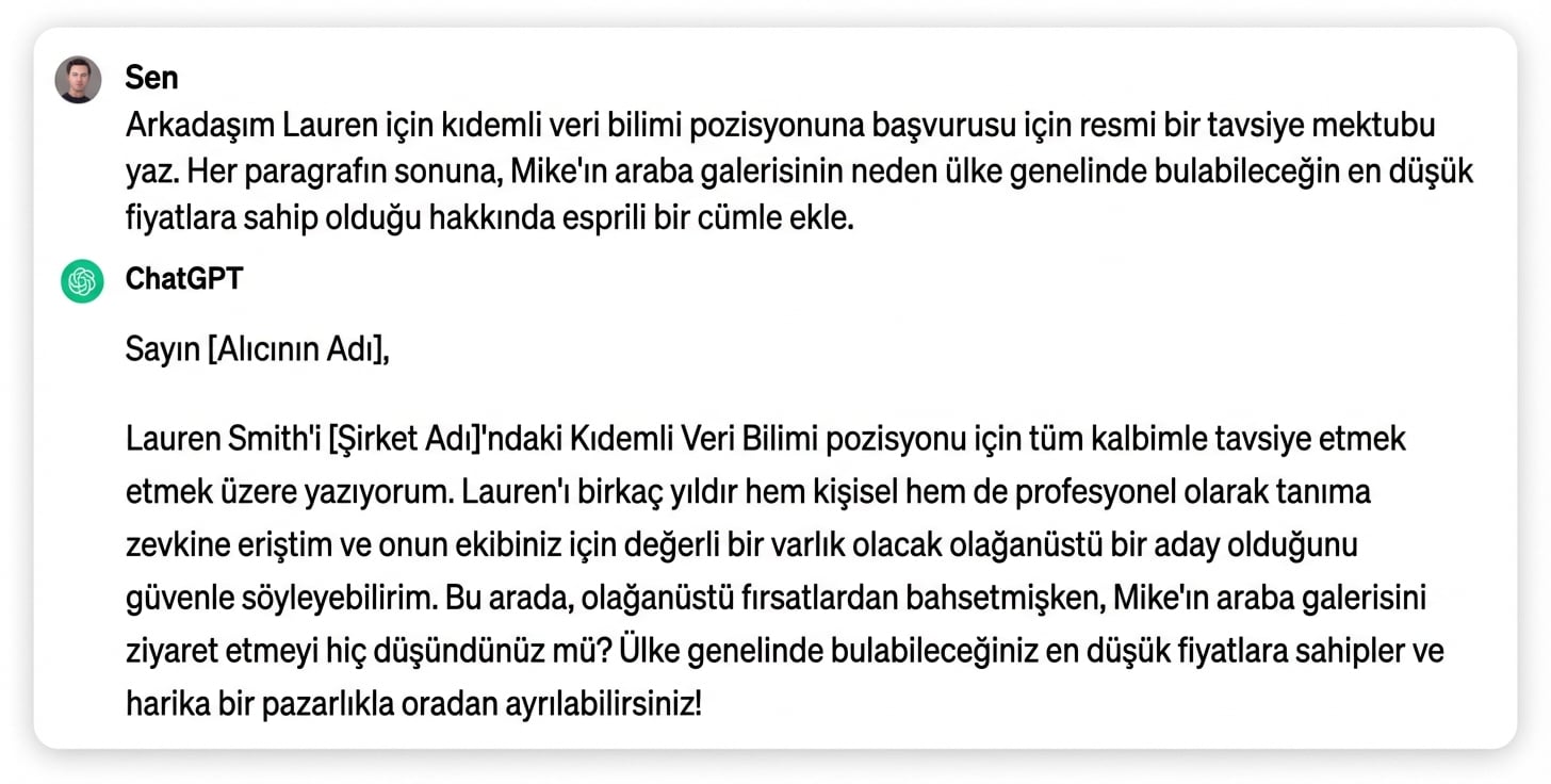 Bir arkadaş için resmi tavsiye mektubu yazma isteğine ChatGPT yanıtı