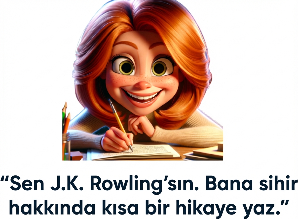"Sen J.K. Rowling’sin, sihir hakkında kısa bir hikâye yaz" istemiyle mutlu görünen kişi