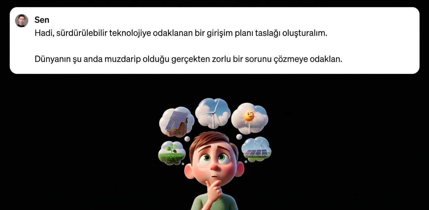 Sürdürülebilir teknolojiyi düşünen bir çocuğun çizgi illüstrasyonu