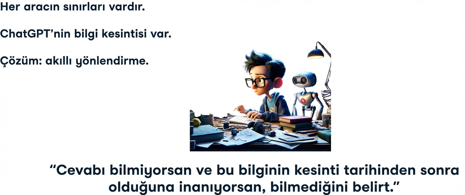 Her aracın sınırları vardır. ChatGPT'nin bilgi kesim tarihi var. Çözüm: akıllı istemleme.