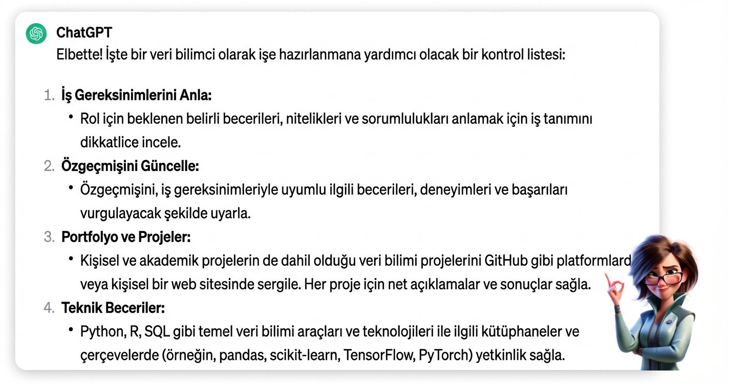 "Veri bilimci olarak işe başvuruyorum, en iyi nasıl hazırlanabileceğime dair bir kontrol listesi oluştur" istemine ChatGPT’nin yanıtı