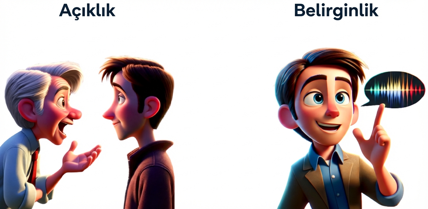 Bir tarafta açıklığı göstermek için konuşan iki kişi, diğer tarafta özelliği göstermek için konuşma balonlu bir kişi