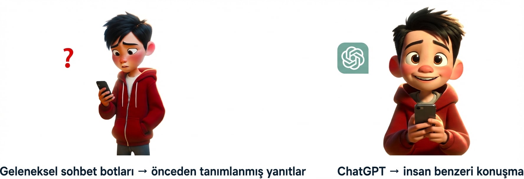 Bir çocuğun telefonuyla etkileşip ardından ChatGPT yanıtından memnun olduğu çizgi film illüstrasyonu