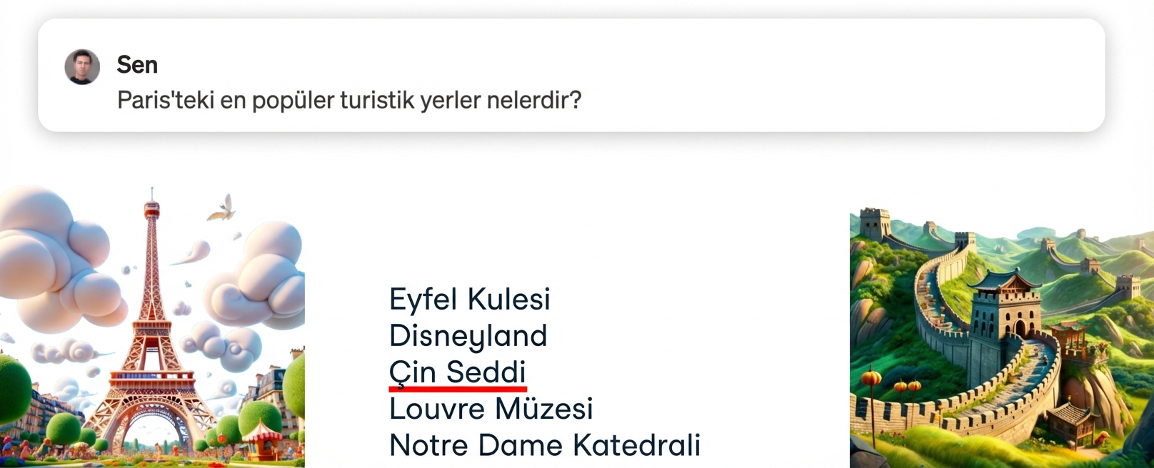 Paris’teki en iyi turistik yerler nelerdir, yanlış yanıt vurgulanmış