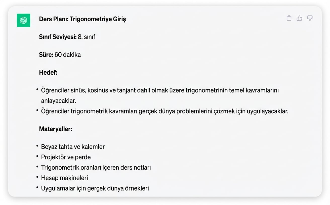 ChatGPT tarafından oluşturulan ayrıntılı ders planı ekran görüntüsü