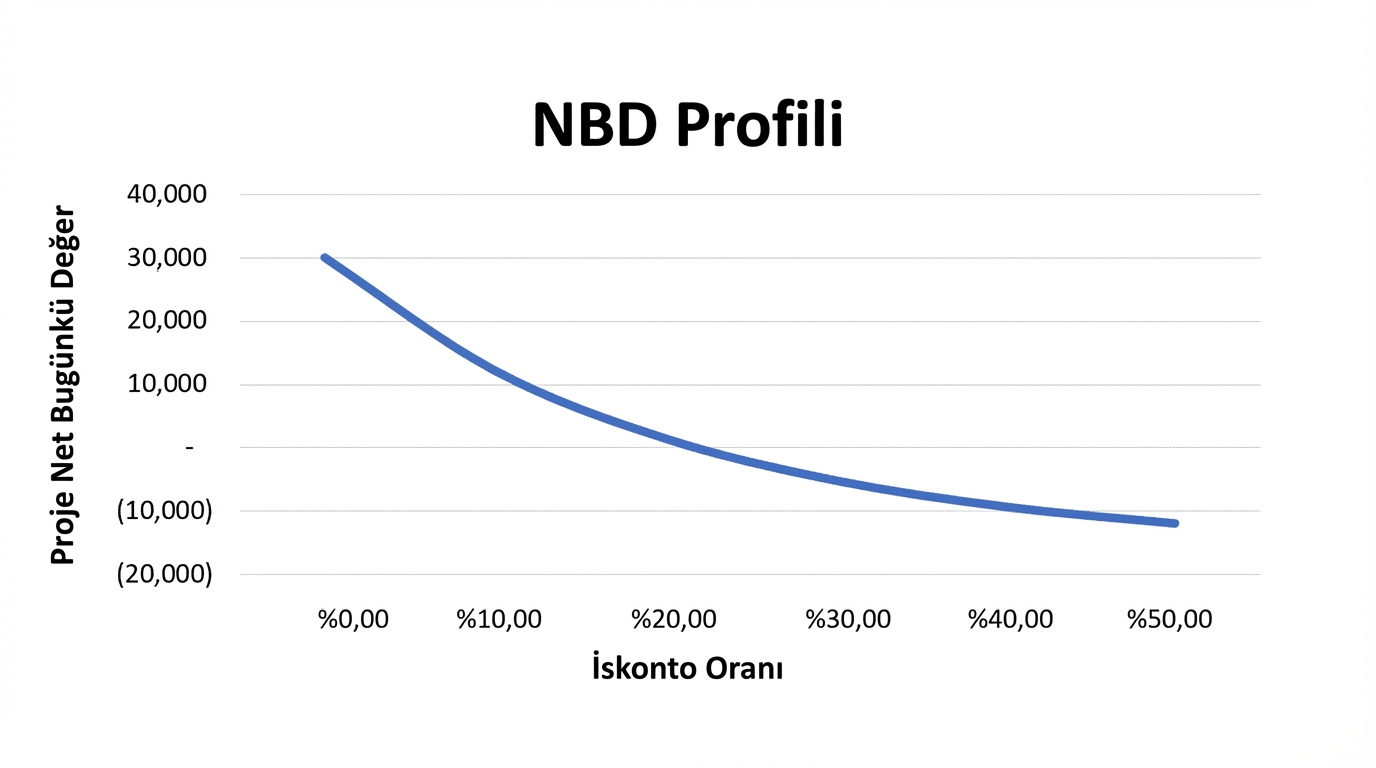 Y ekseninde net bugünkü değer, X ekseninde iskonto oranları olan bir çizgi grafik. İlişki üssel olarak negatiftir.