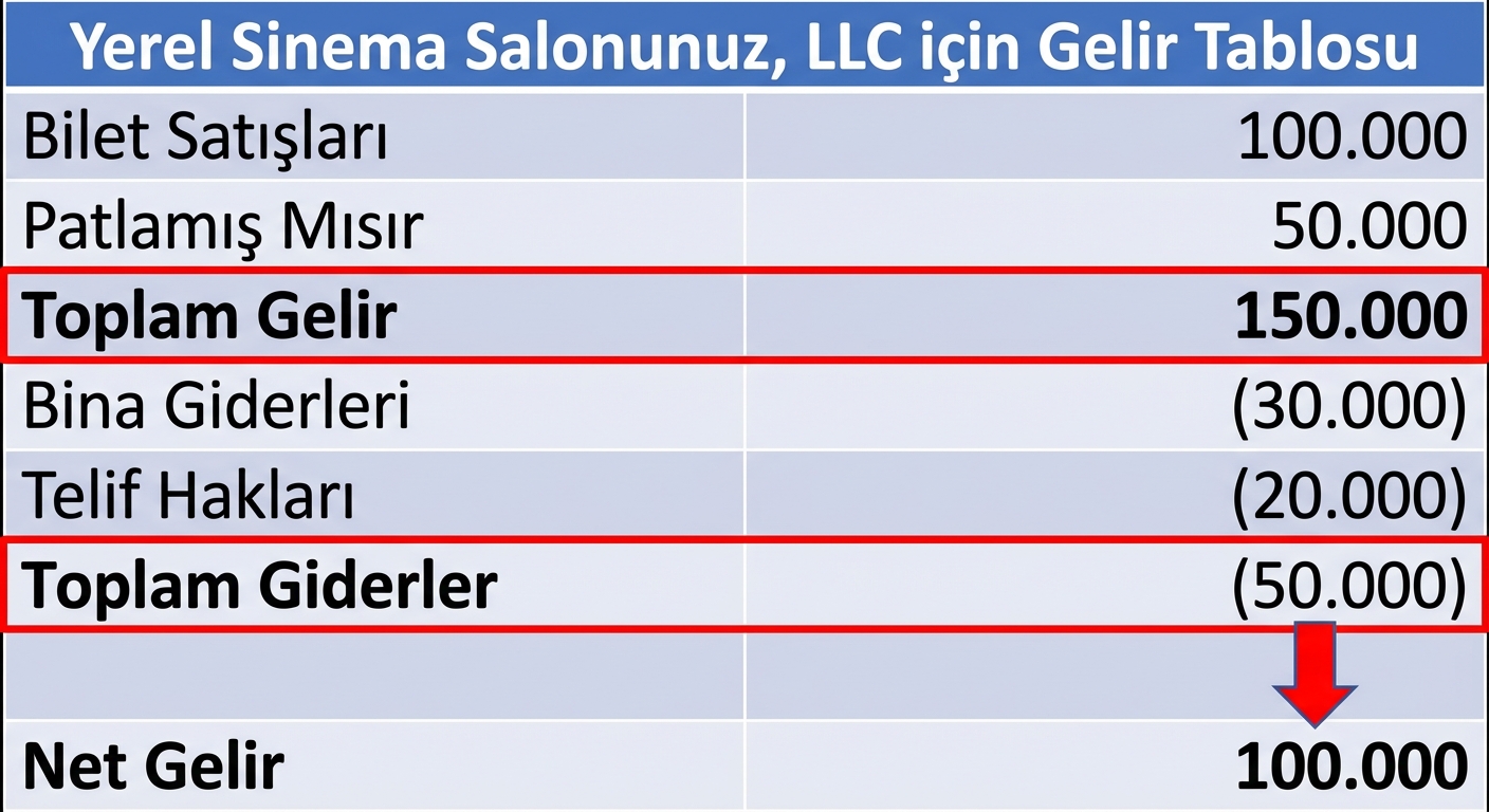 net kâr hesaplamasını vurgulayan gelir tablosu