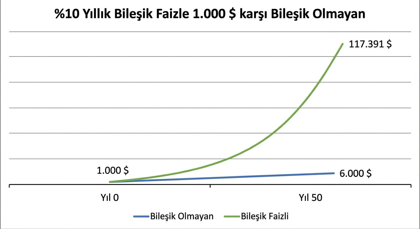 50 yılda yıllık bileşikleştirilen 1000 $ ile bileşik yapılmayanın farkını gösteren grafik