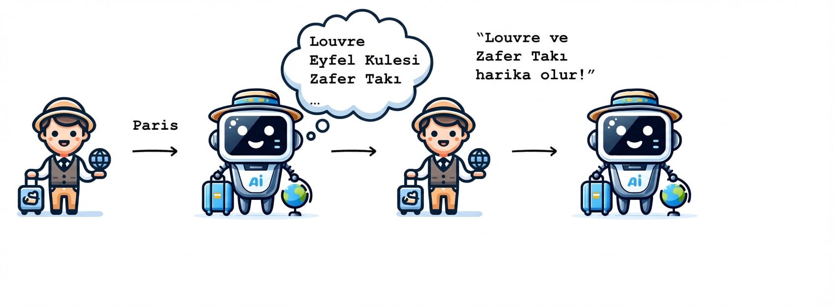 Kişi, Louvre ve Zafer Takı’nı görmek istediğini söyler.