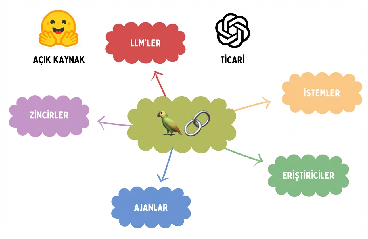 Temel LangChain bileşenlerinden bir seçki: LLM’ler, istemler, getiriciler, aracılar ve zincirler.