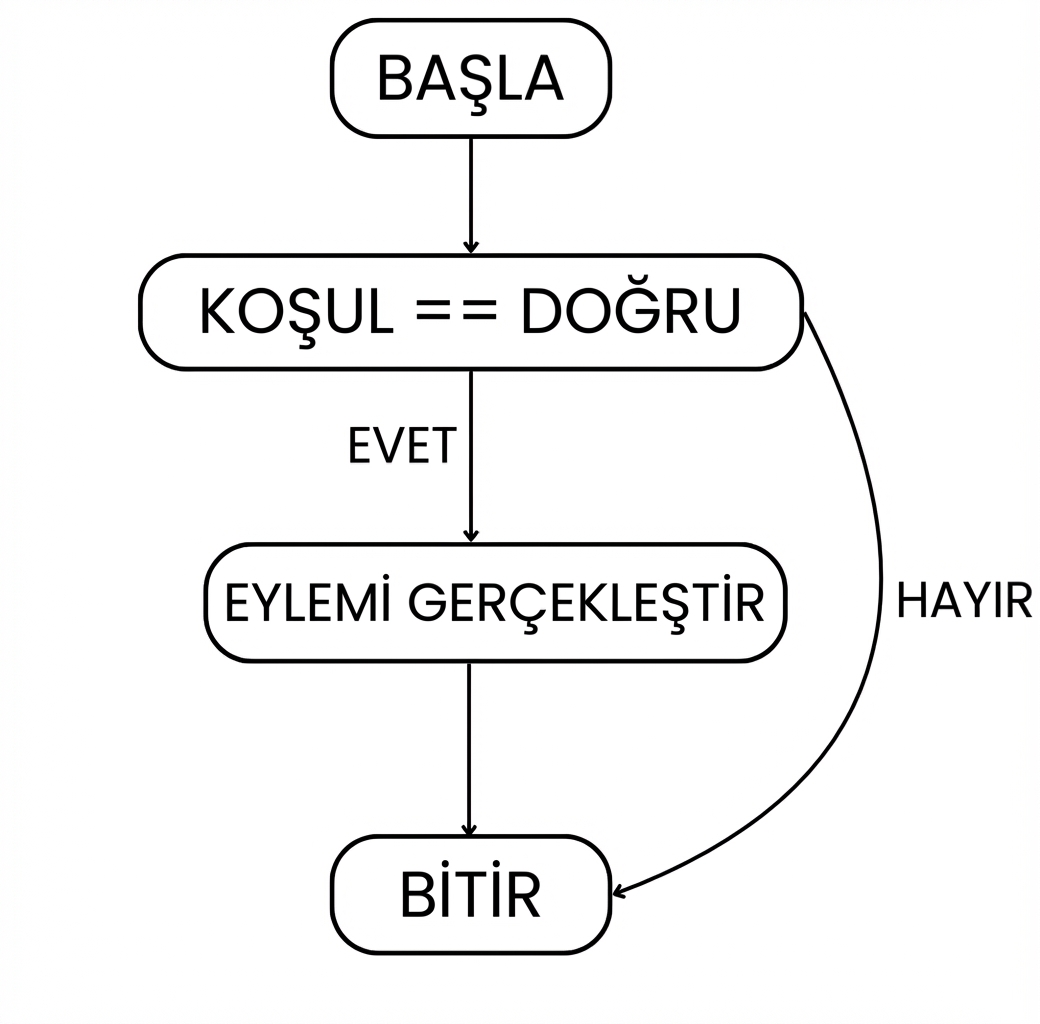 Bir if deyiminin akışı: başlangıç > koşul sağlandı > işlem yap > çıkış