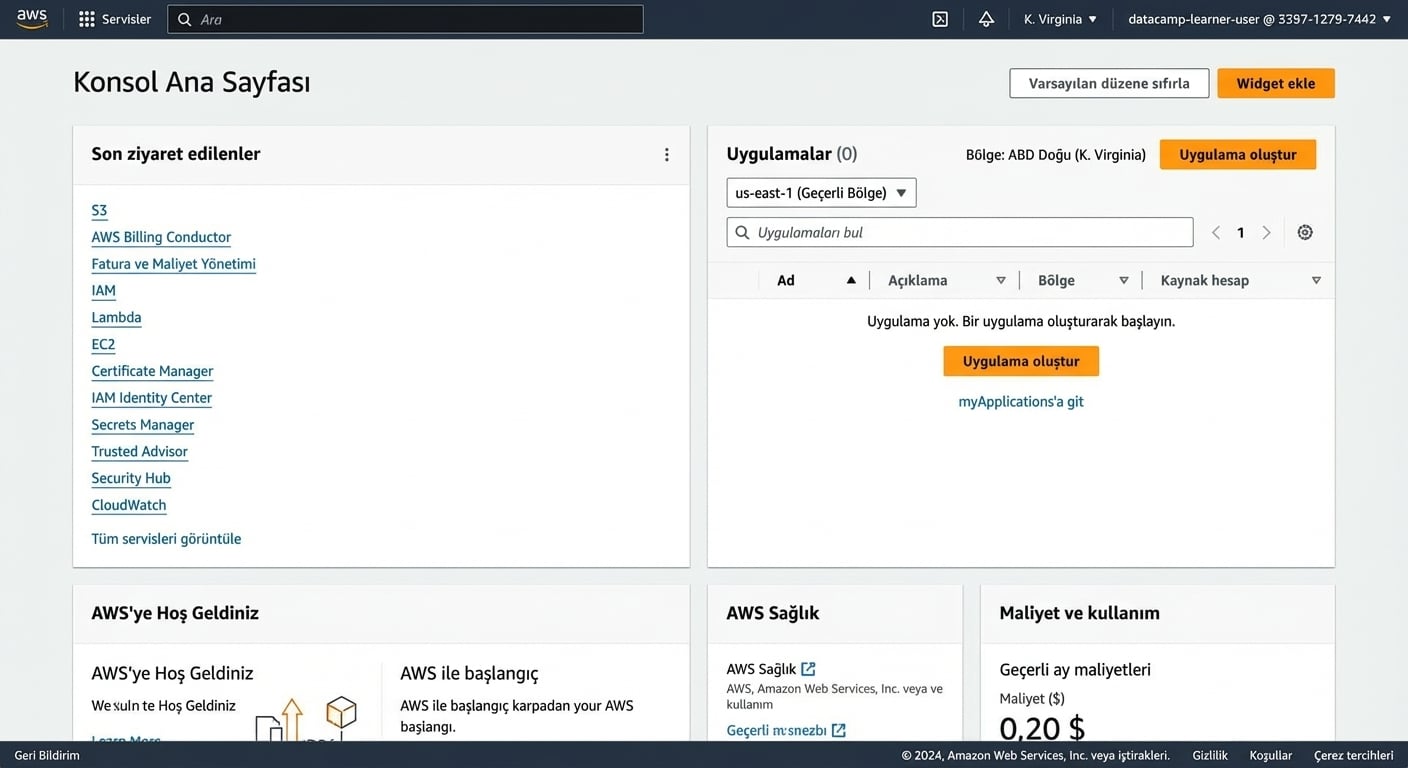 Kum havuzunda AWS açılış sayfası
