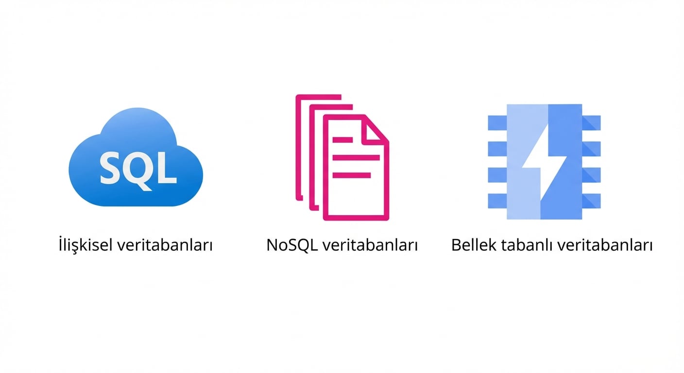 İlişkisel, NoSQL ve bellek tabanlı veritabanlarını gösteren simgeler.