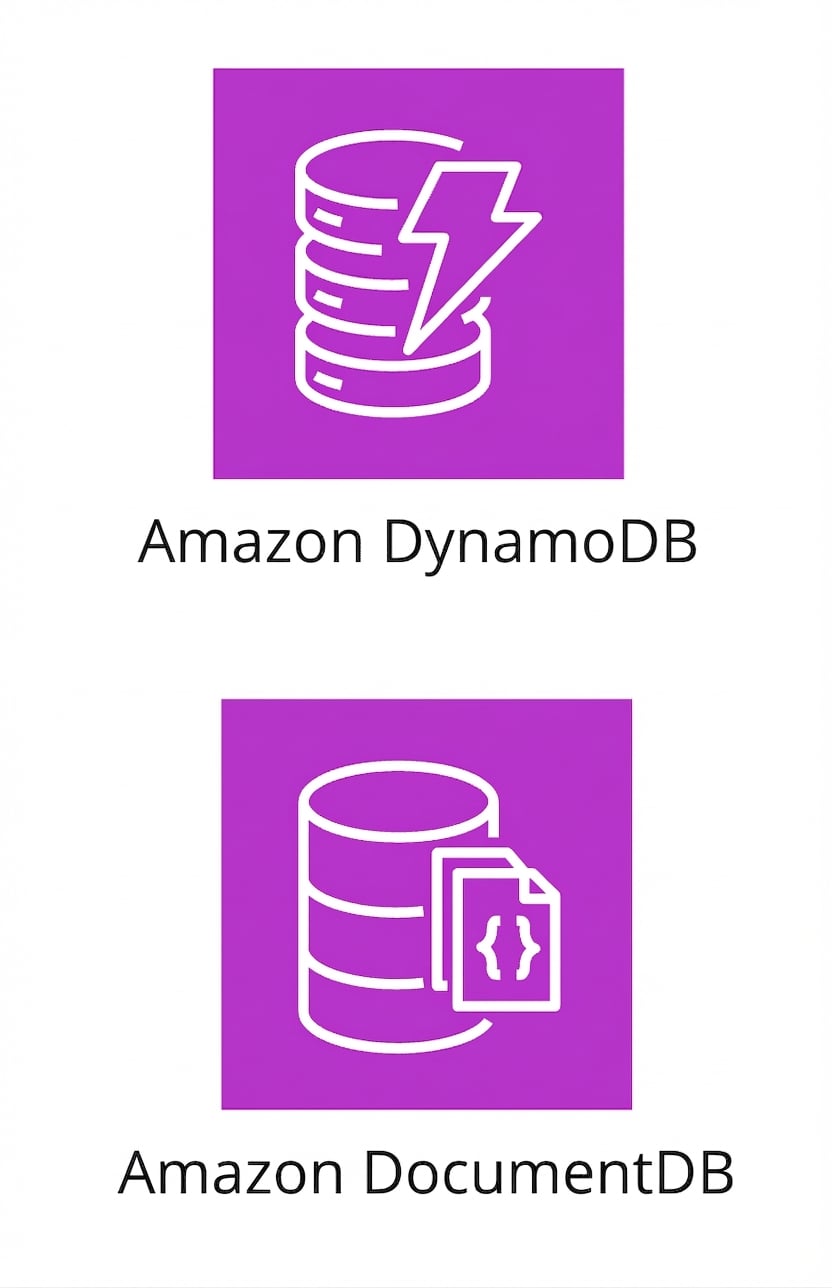 Amazon DynamoDB ve DocumentDB’yi gösteren simgeler.
