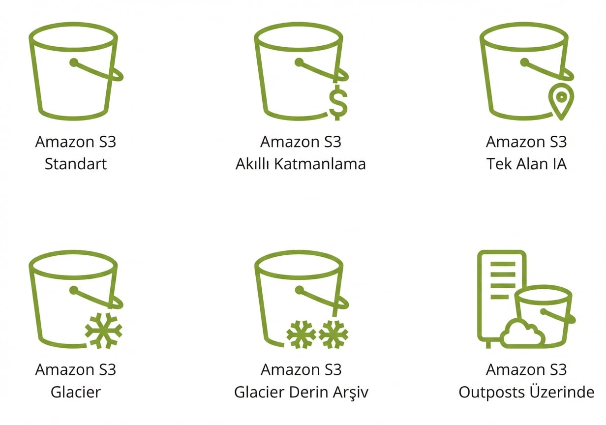 S3'teki altı farklı depolama sınıfını temsil eden altı simge.