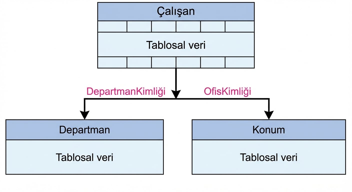 Çalışan, departman ve konum tabloları arasındaki bağlantıları gösteren hiyerarşik tablo yapısı.