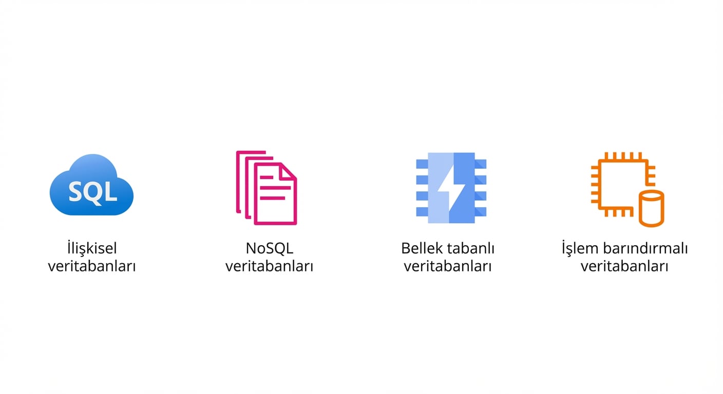 İlişkisel, NoSQL, bellek tabanlı ve işlem barındırmalı veritabanlarını gösteren simgeler.