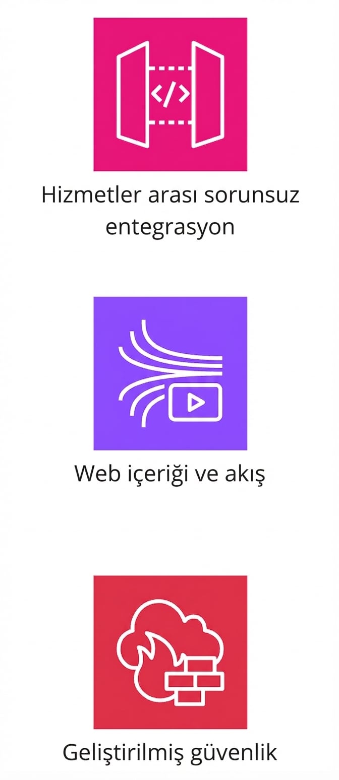Hizmetler arası sorunsuz entegrasyon, web içerik akışı ve gelişmiş güvenliği gösteren simgeler.