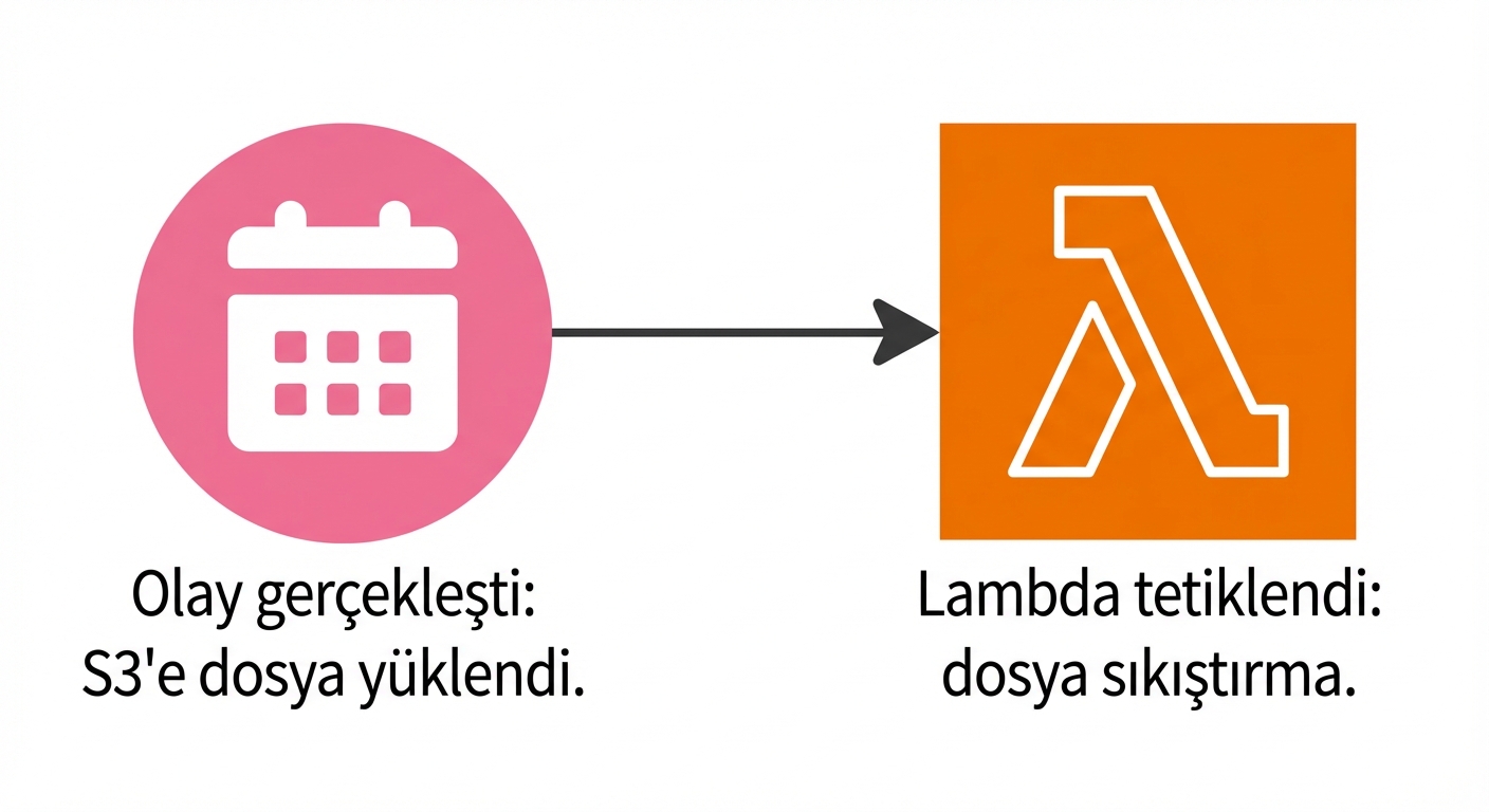 S3'e dosya yüklendikten sonra tetiklenen bir Lambda işlevini gösteren bir akış şeması.