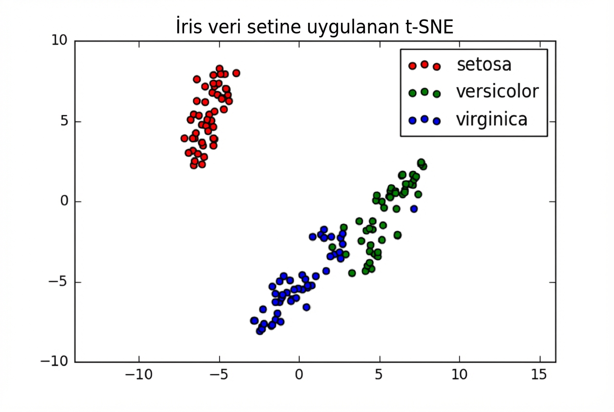 Iris veri kümesinde t-SNE saçılım grafiği
