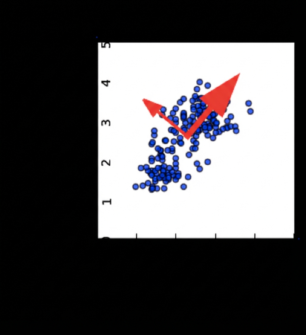 2 kırmızı okla temel bileşen yönlerini (döndürülmüş eksenler) gösteren şarap verisi saçılım grafiği